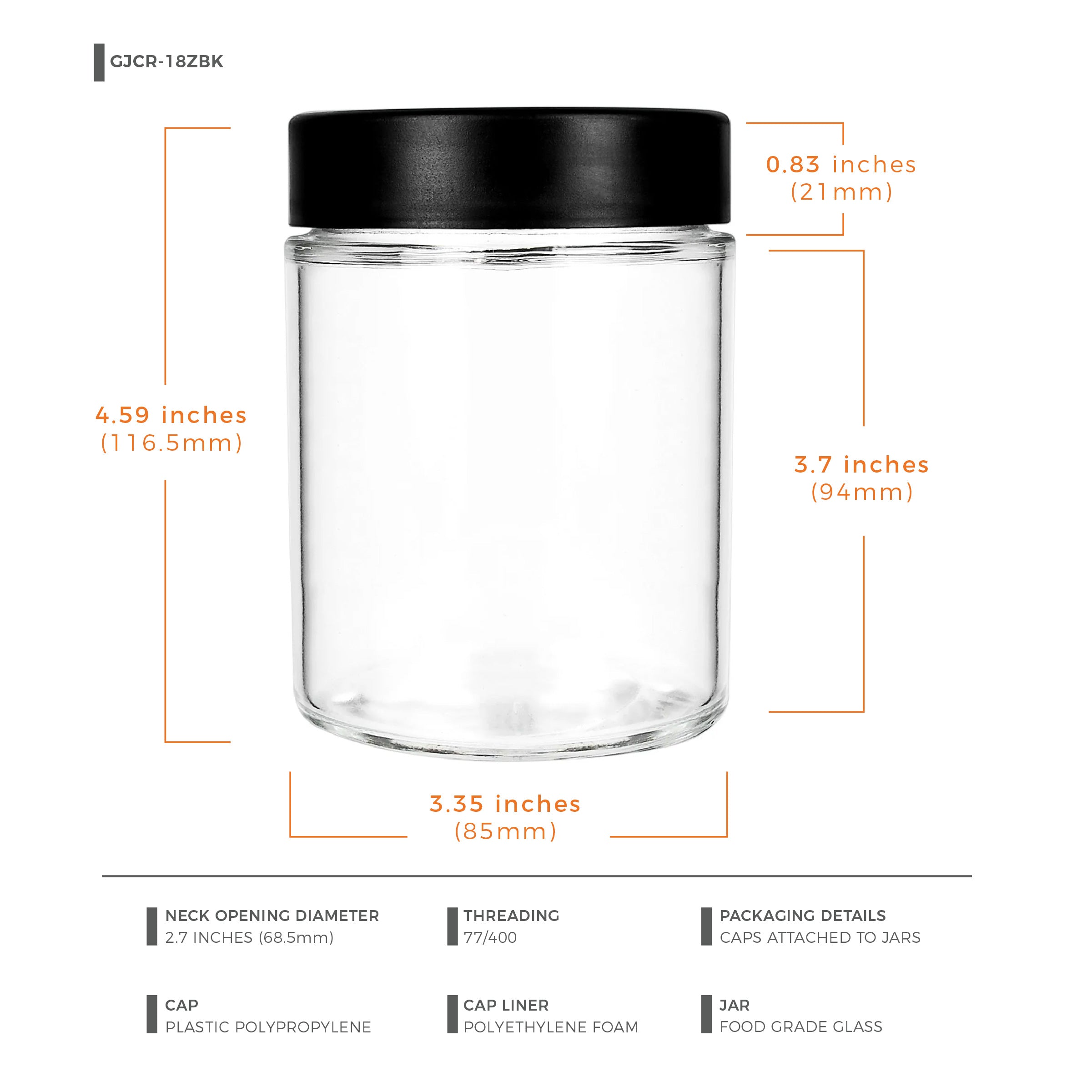 18oz Child Resistant Glass Jars With Black Cap - 28 Grams - 1 Count