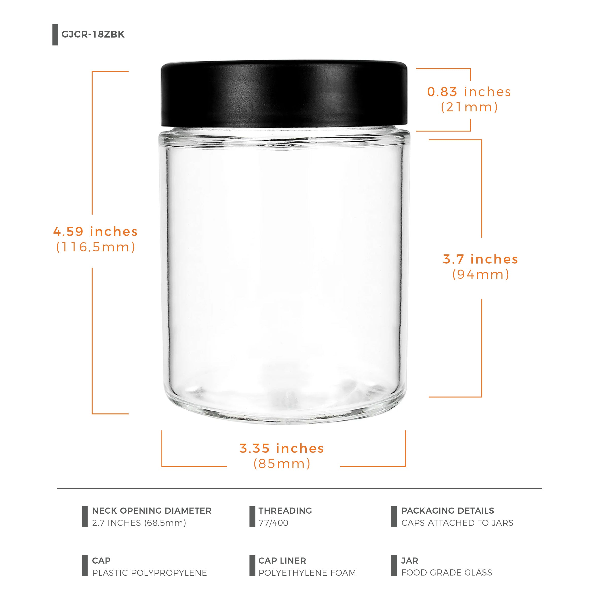 18oz Child Resistant Glass Jars With Black Cap - 28 Grams - 20 Count