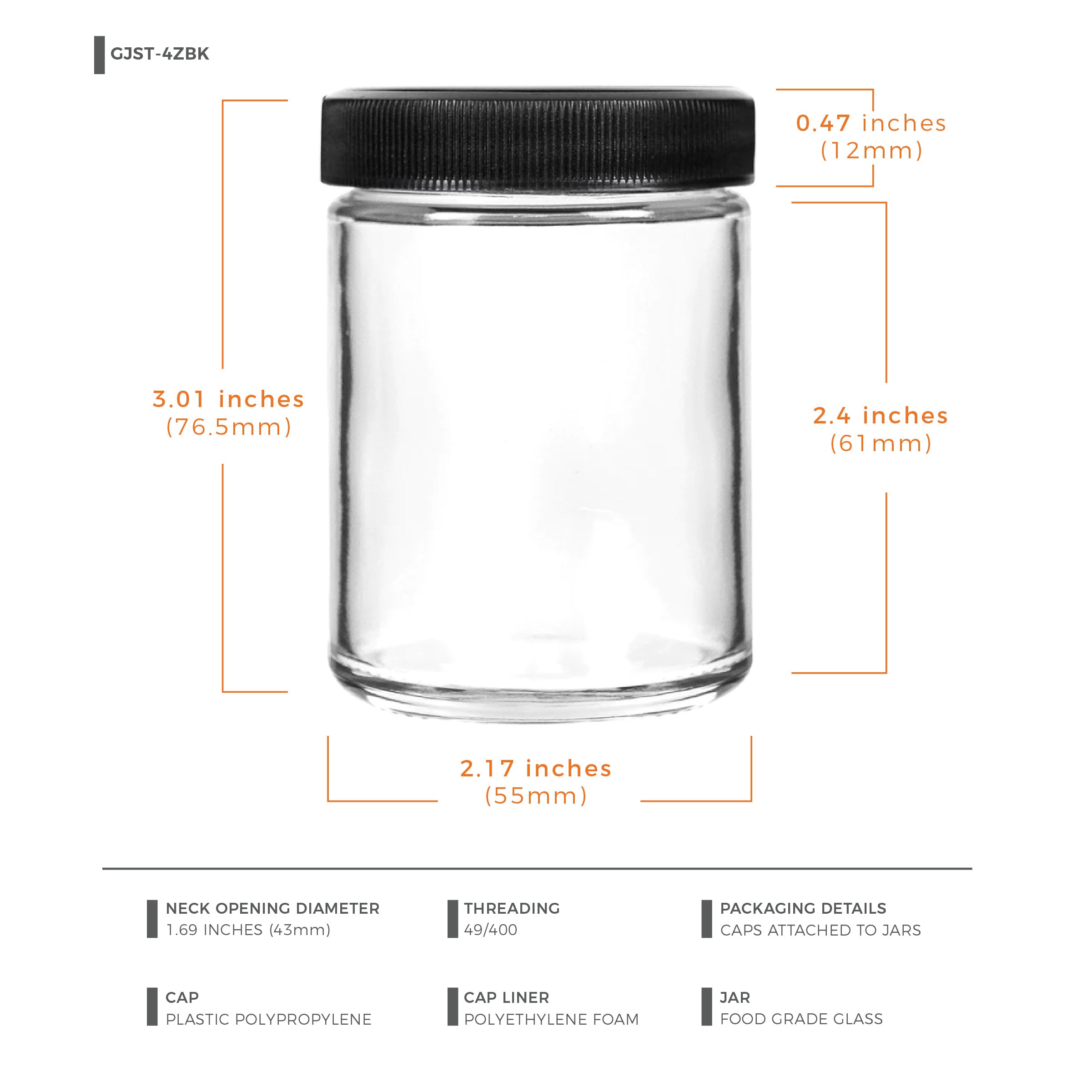 4oz Glass Jars With Black Caps - 7 Grams - 120 Count